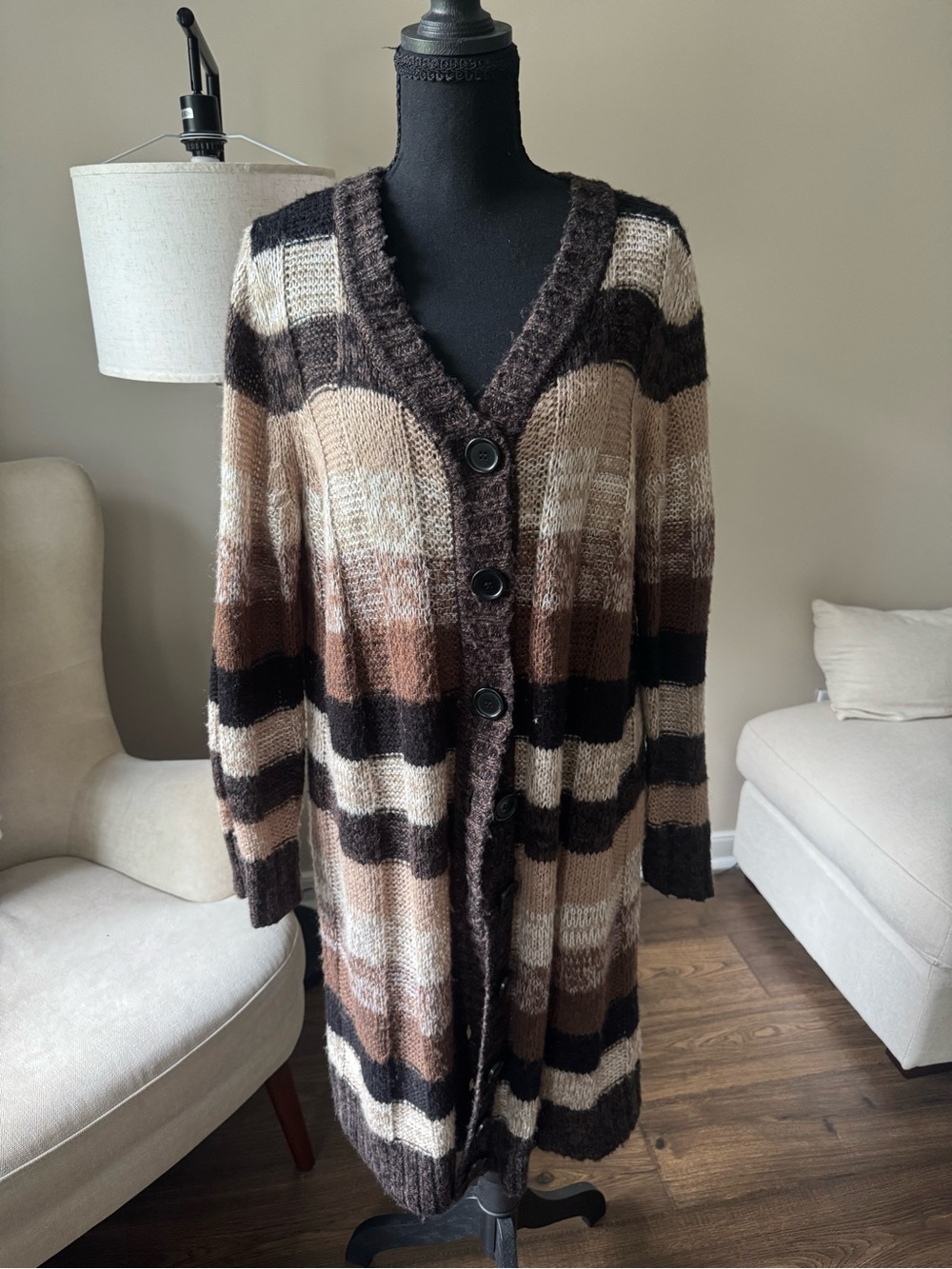 Vintage Style Brown Striped Long‎ Duster Cardigan Sweater Grunge Fairycore Y2K